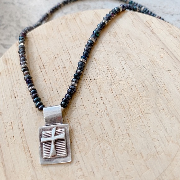 Silver and Peacock Color Seed Bead Cross Necklace - Picture 9 of 9